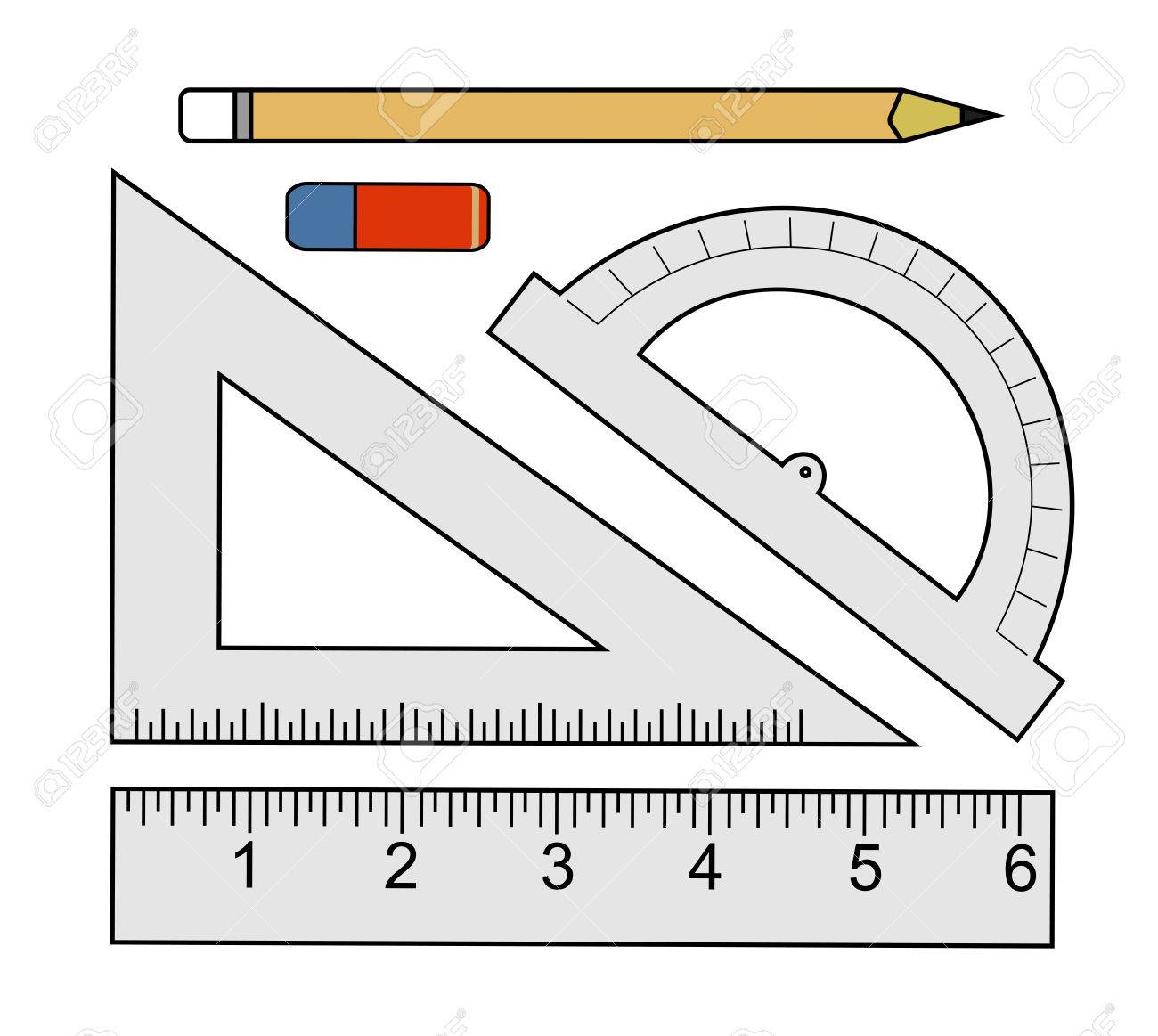 Education set pencil eraser protractor triangle ruler liner ruler vector clip art color illustrations isolated on white royalty free svg cliparts vectors and stock illustration image