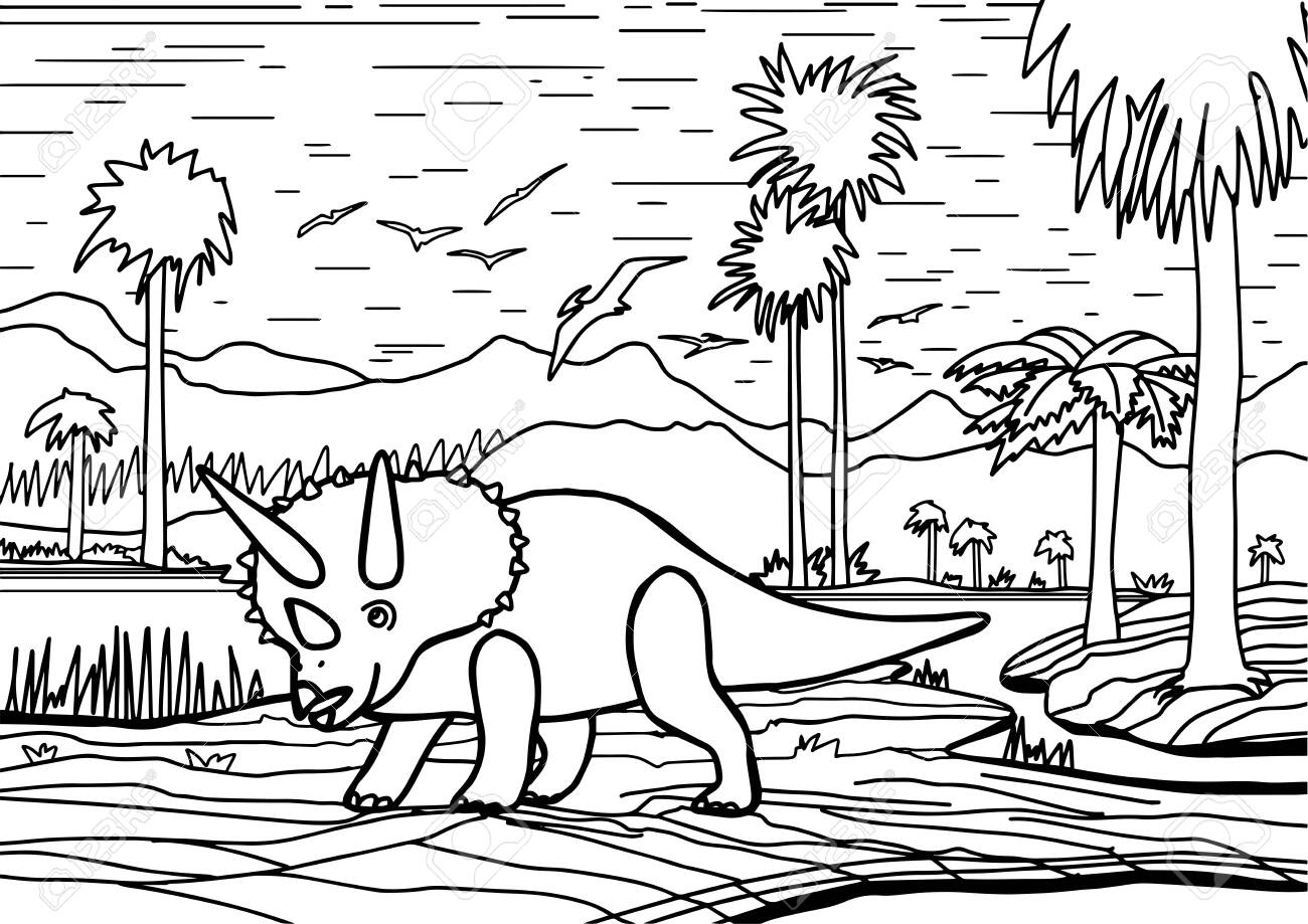 Dinosaur triceratops coloring book for children and adults stylish hand drawn antistress coloring page vector outline t rex illustrationdesign for wallpaperspackagingprintwild naturezen style royalty free svg cliparts vectors and stock