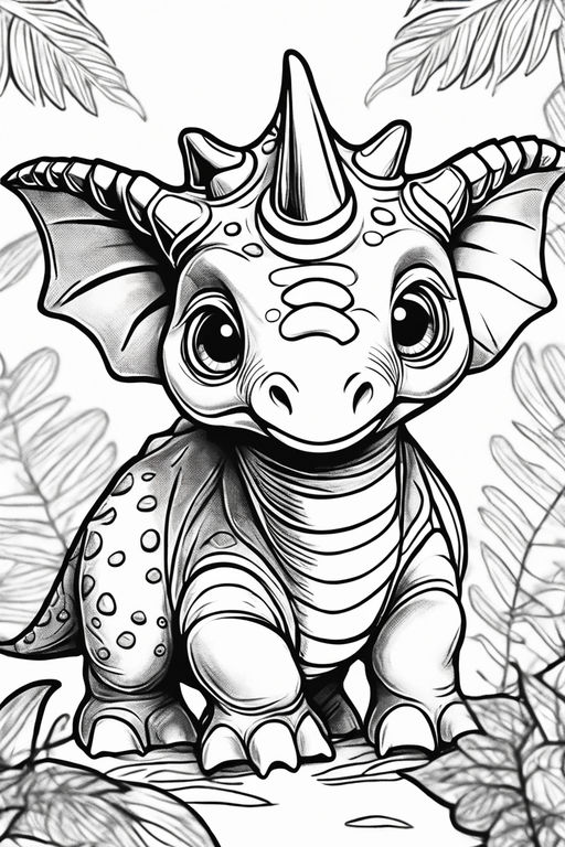 Black and white coloring page of a simple cartoon baby triceratops on a plain with trees background