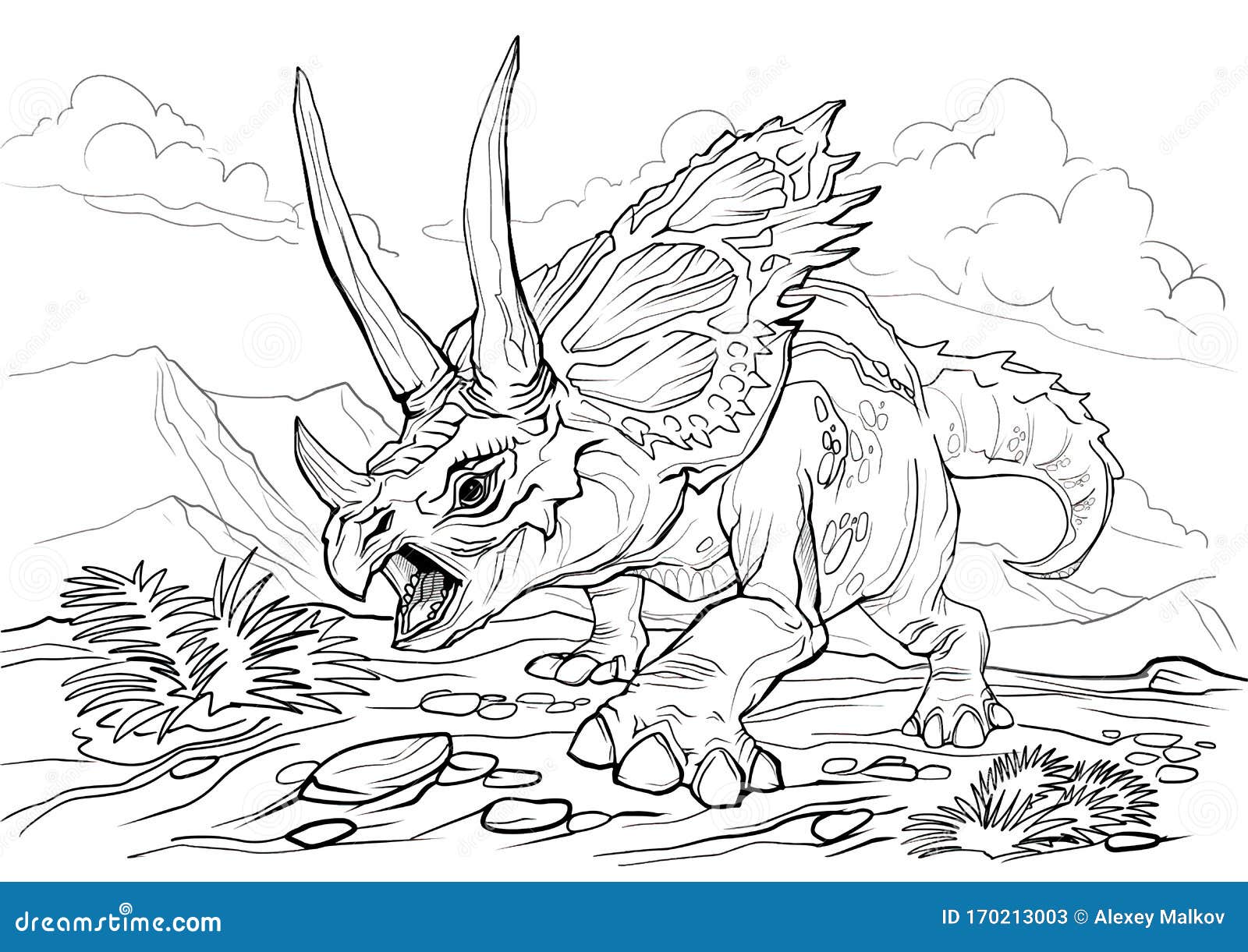 Triceratops dinosaur coloring page for children and adults hand drawn illustration a size stock vector