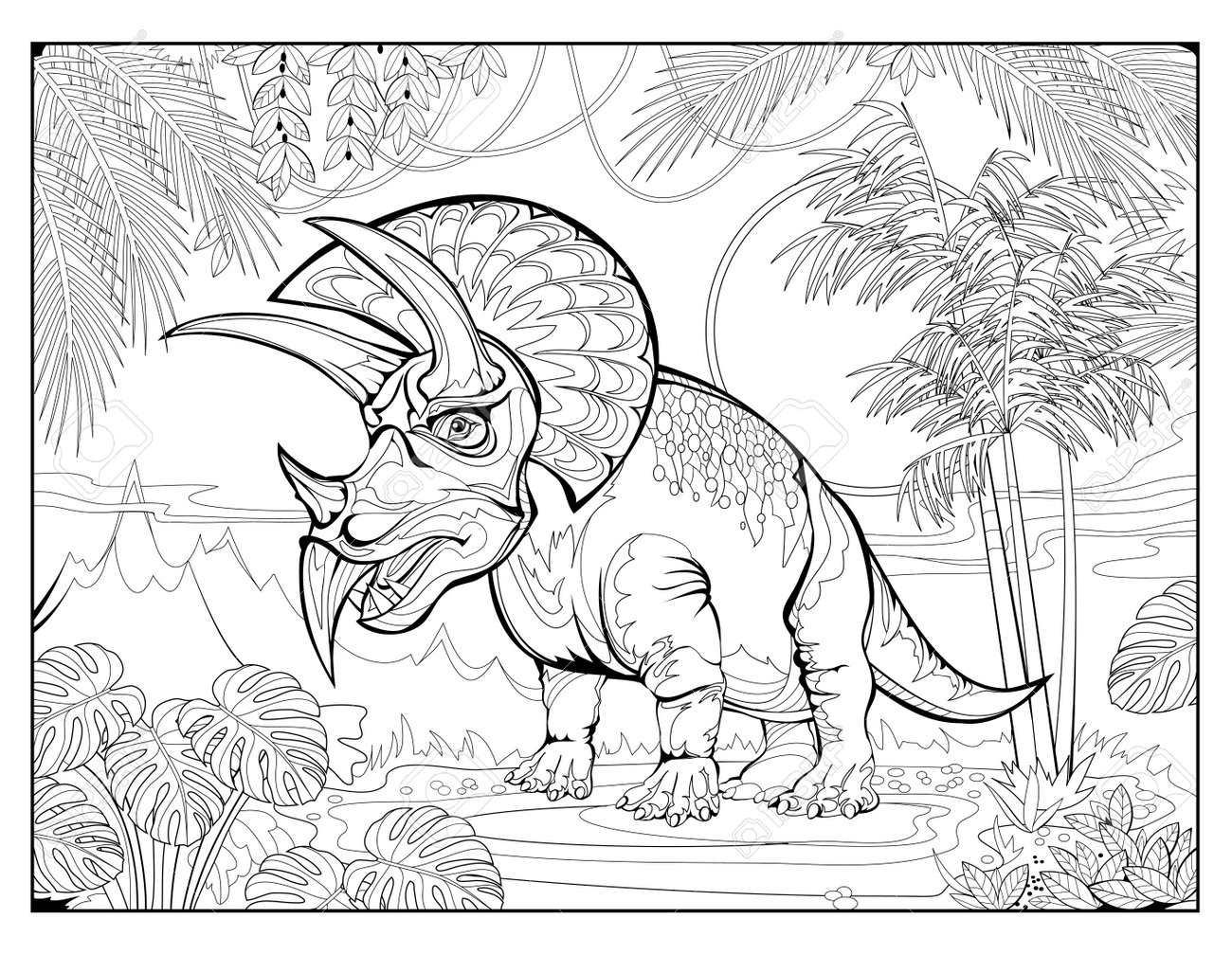 Coloring book for children and adults illustration of triceratops prehistoric dinosaur jurassic world black and white vector style image printable page for drawing and meditation royalty free svg cliparts vectors and stock