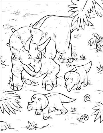 Premium vector prehistoric predatory dinosaur triceratops and cute baby dinosaur coloring book and coloring page