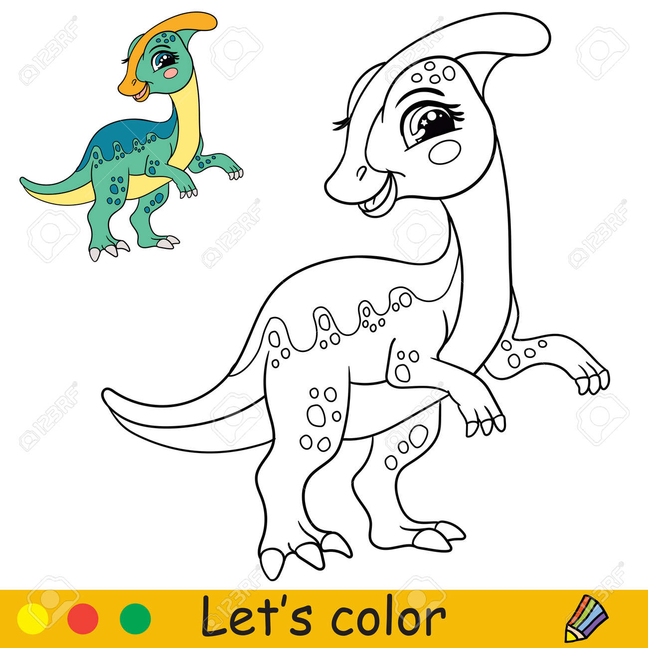 Cartoon cute funny dinosaur parasaurolophus coloring book page with colorful template for kids vector isolated illustration for coloring book print game party design royalty free svg cliparts vectors and stock illustration image