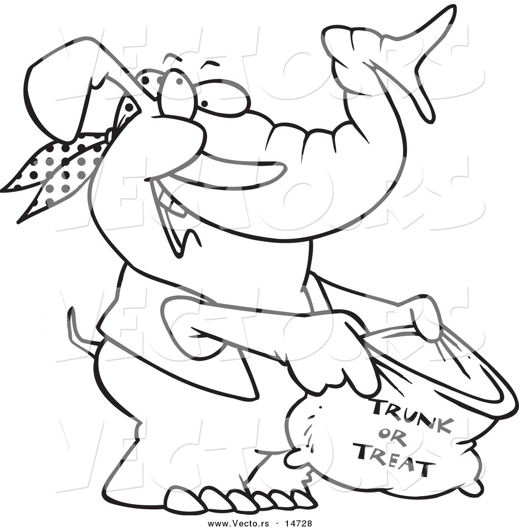 R of a cartoon halloween elephant holding a trunk or treat bag