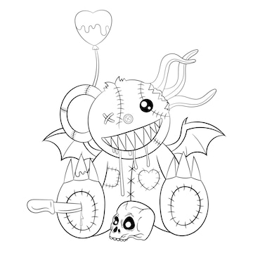 Premium vector creepy kawaii pastel goth teddy bear coloring page