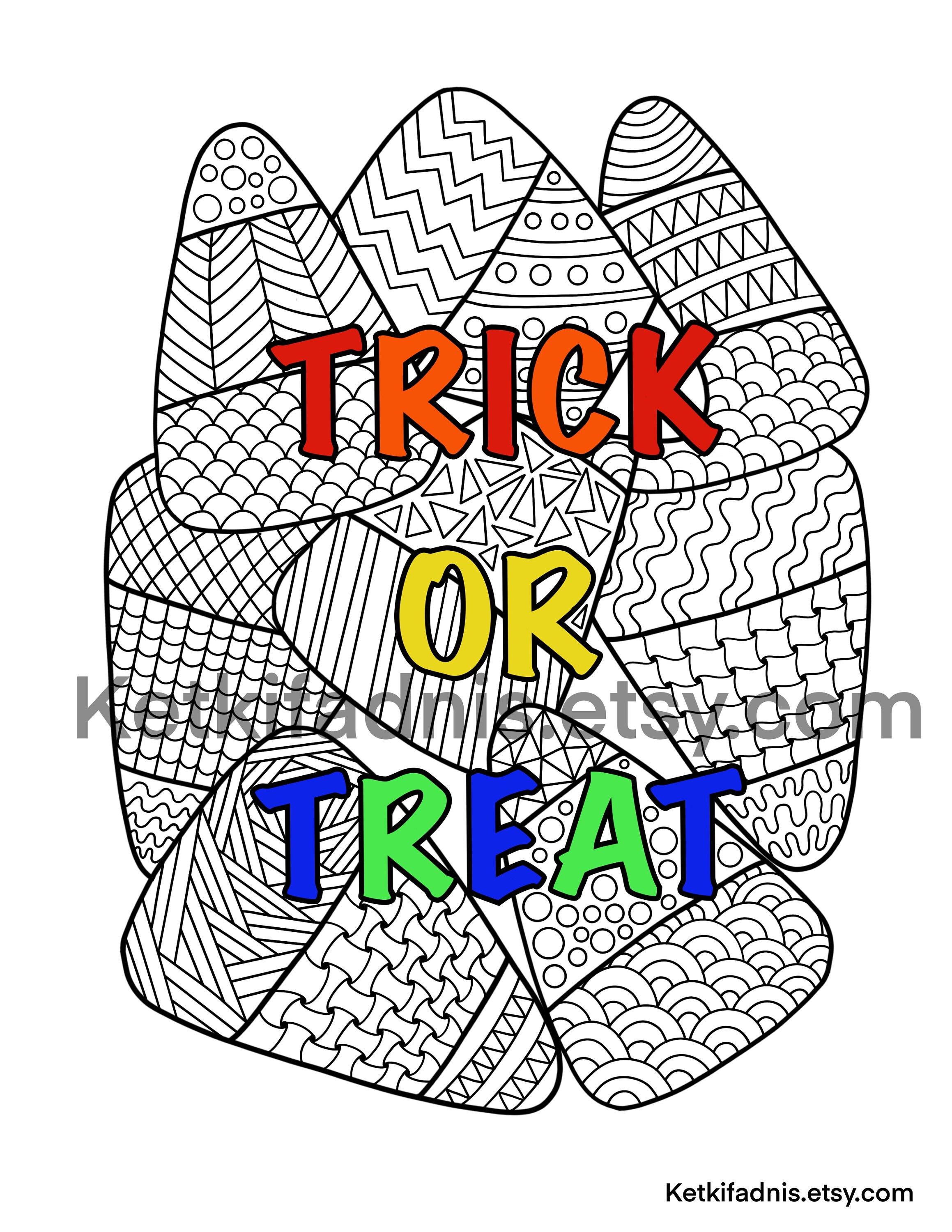 Trick or treat colouring page candy corn coloring page halloween coloring page pdf digital download