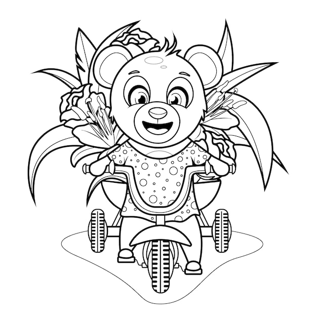Premium vector coloring page a cute and cheerful teddy bear rides a tricycle with a large bouquet of flowers