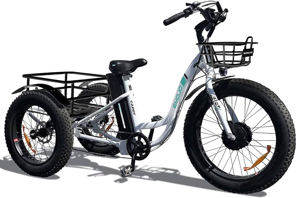 Emojo electric tricycle x inch fat tire trike w v speed hybrid bicycle with aluminum alloy frame oversize rear cargo and front basket for heavy