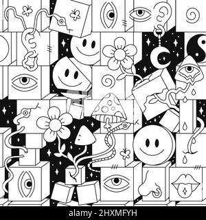 Crazy trippy s style psychedelic geometry seamless patternpage for coloring bookvector crazy illustrationsmile groovy facestechnoacidtrippy style seamless pattern wallpaper print concept stock vector image art