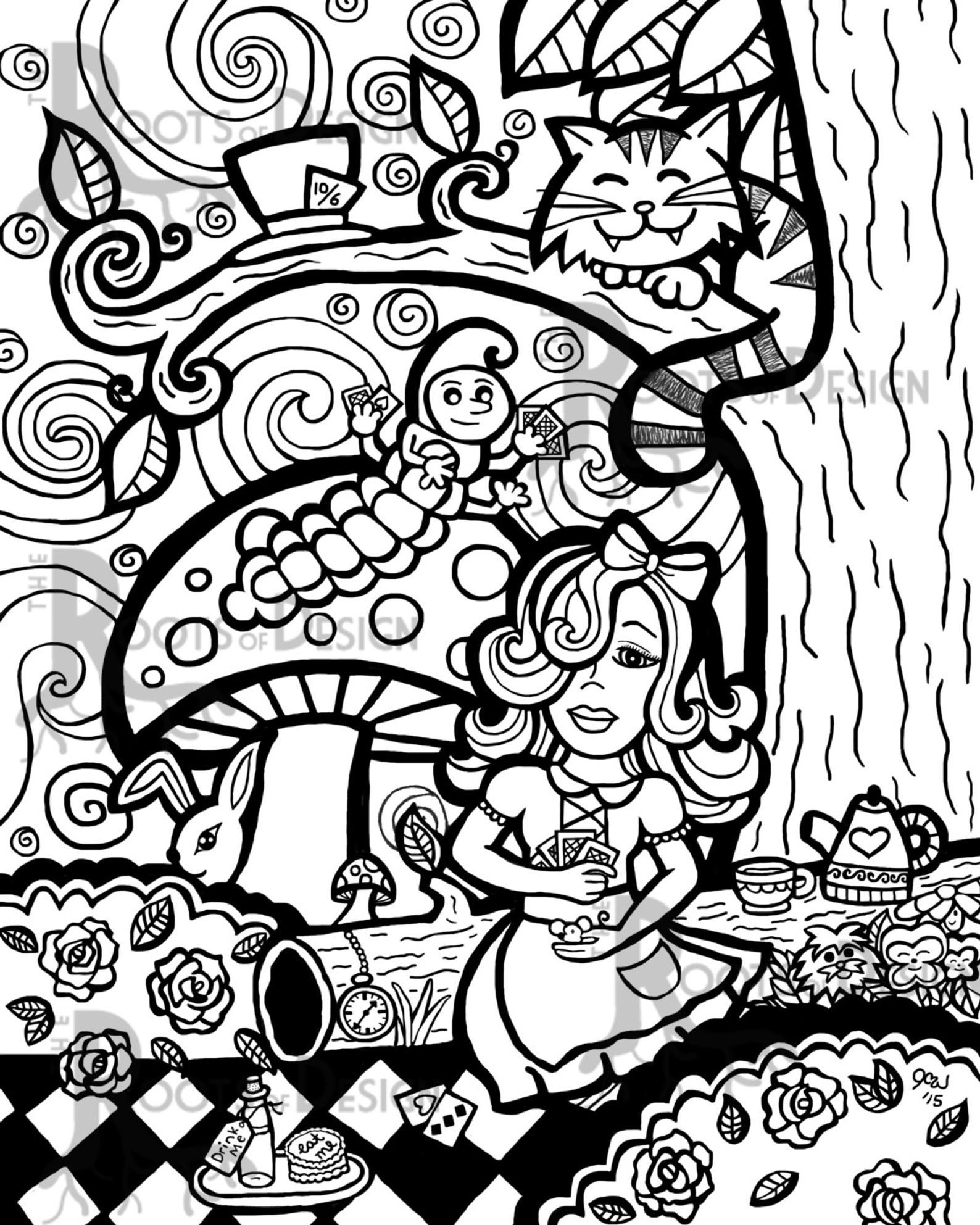 Instant download coloring page alice in wonderland zentangle inspired doodle art printable