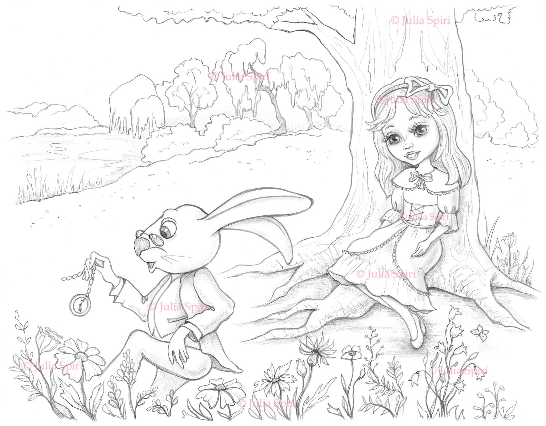 Coloring page alice in wonderland alice and rabbit â the art of julia spiri
