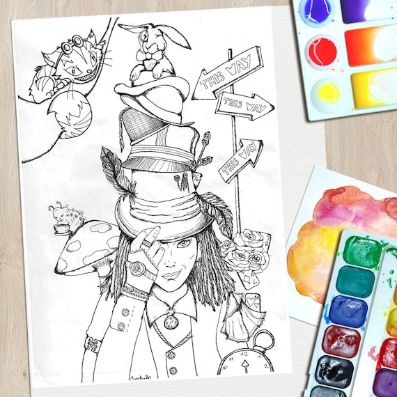 Adult downloadable coloring page for anxiety relief teens mindfulness coloring steampunk mad hatter alice in wonderland grayscale coloring