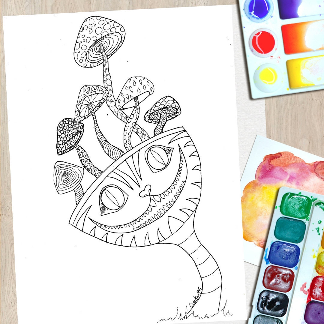 Stoner cheshire cat downloadable coloring page for adults mushroom coloring sheet alice in wonderland psychedelic design anxiety relief