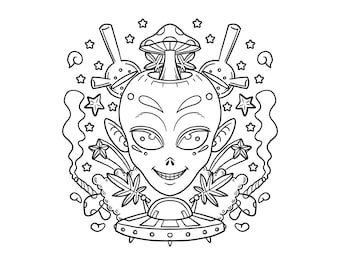 Trippy alien magic mushrooms printable pdf digital download trippy stoner coloring page cannabiss artwork