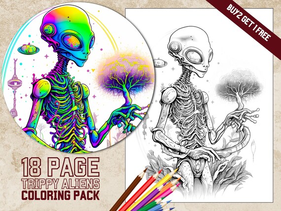 Trippy aliens coloring book pdf printable adult coloring pages downloadable psychedelic coloring sheets