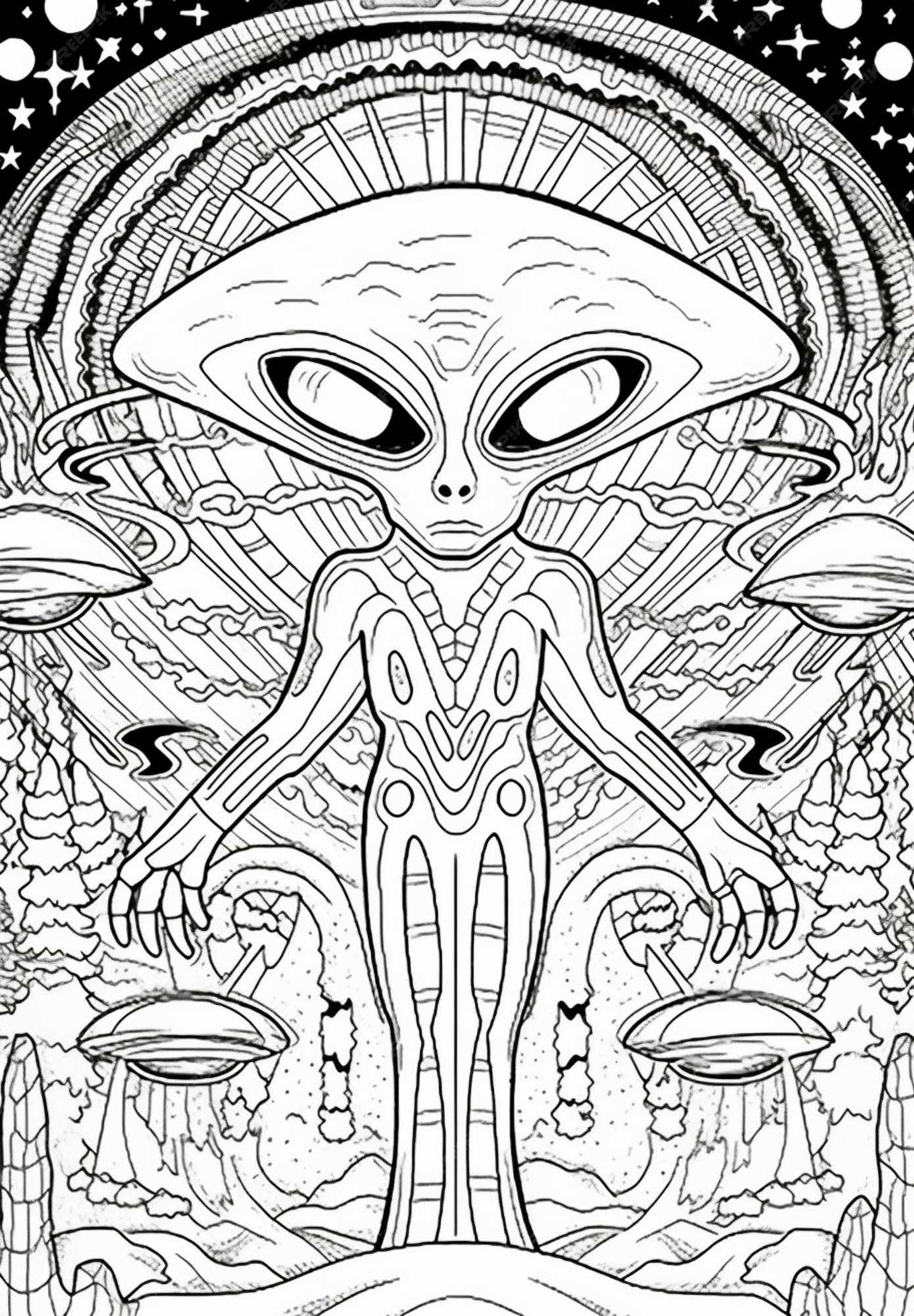 Premium photo a coloring page with an alien and aliens in space generative ai