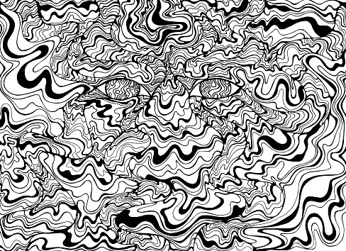 Coloring page psychedelic alien eyes with waves fantastic art stock illustration