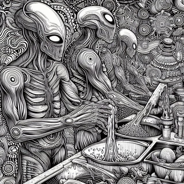 I made a psychedelic aliens coloring book using bing rchatgpt