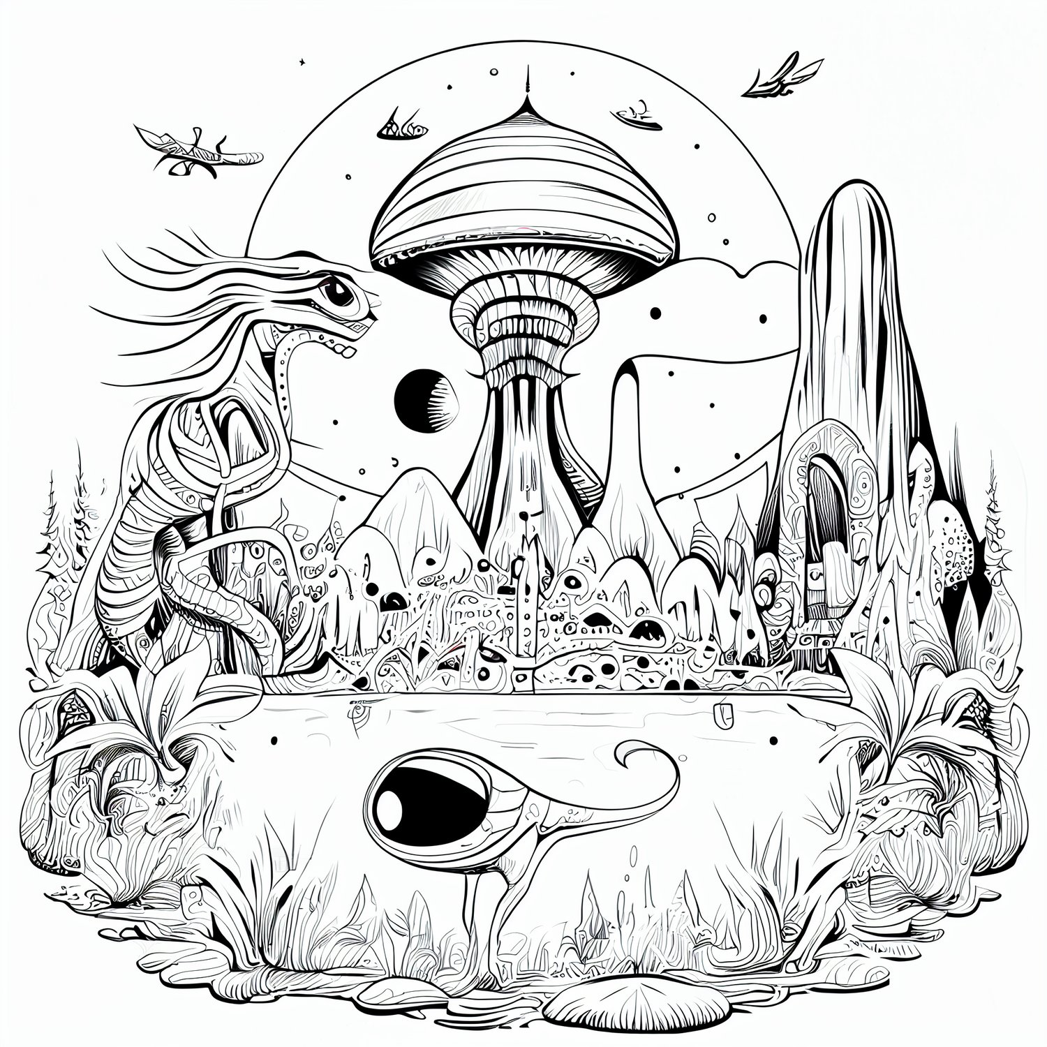 Space coloring images with aliens spaceship