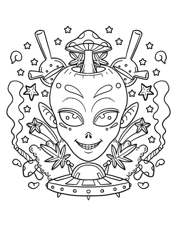 Trippy alien magic mushrooms printable pdf digital download trippy stoner coloring page cannabiss artwork