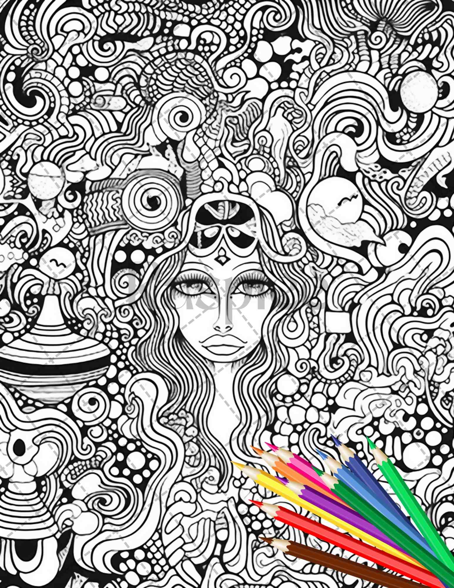 Psychedelic trippy coloring book printable for adults grayscale color â coloring