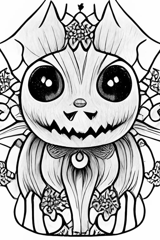 Black and white psychedelic halloween horror chibi kawaii coloring page for adultskawaii printable outlined art festive intricate details crisp lines highly detailed
