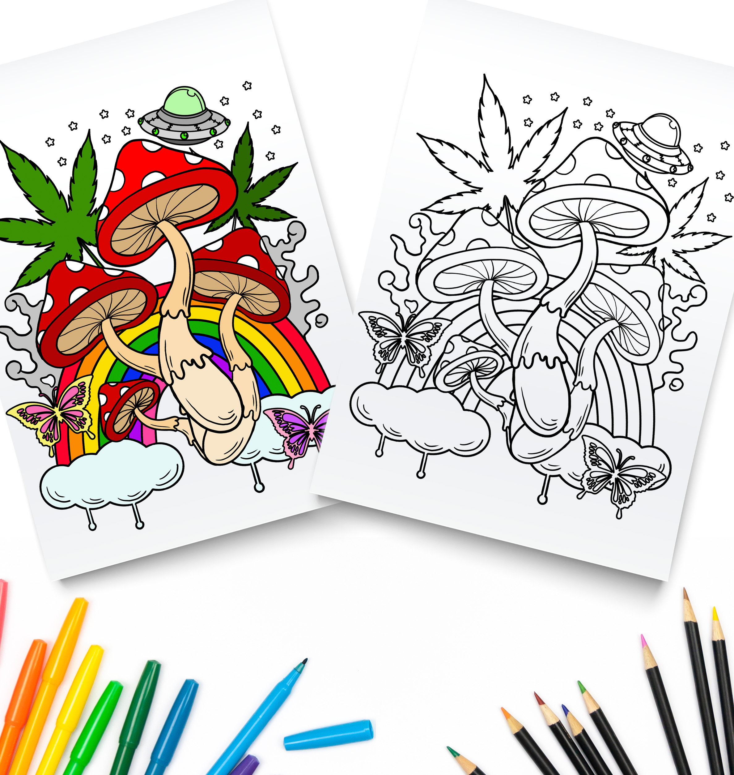 Trippy coloring pages magic mushroom printable pdf digital download stoner coloring book