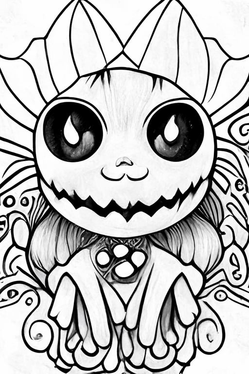 Black and white psychedelic halloween horror chibi kawaii coloring page for adultskawaii printable outlined art festive intricate details crisp lines highly detailed