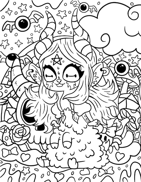 Premium vector hand drawn pastel goth coloring page creepy spooky kawaii coloring pages