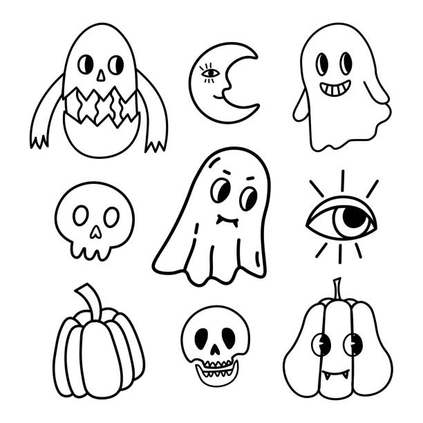 Vector set of trippy halloween doodle elements funny and creepy halloween creatures line icons stock illustration