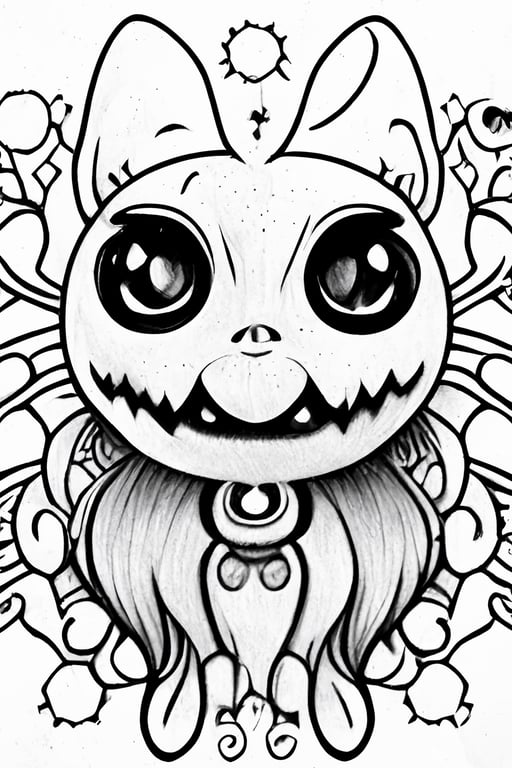 Black and white psychedelic halloween horror chibi kawaii coloring page for adultskawaii printable outlined art festive intricate details crisp lines highly detailed