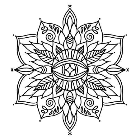 Trippy magic black mandala tattoo with human eyes vector illustration cosmogony psychedelic lucidity concept hippie party rave trance music festival distressed groovy funky style print clipart perfect for coloring page tattoo and