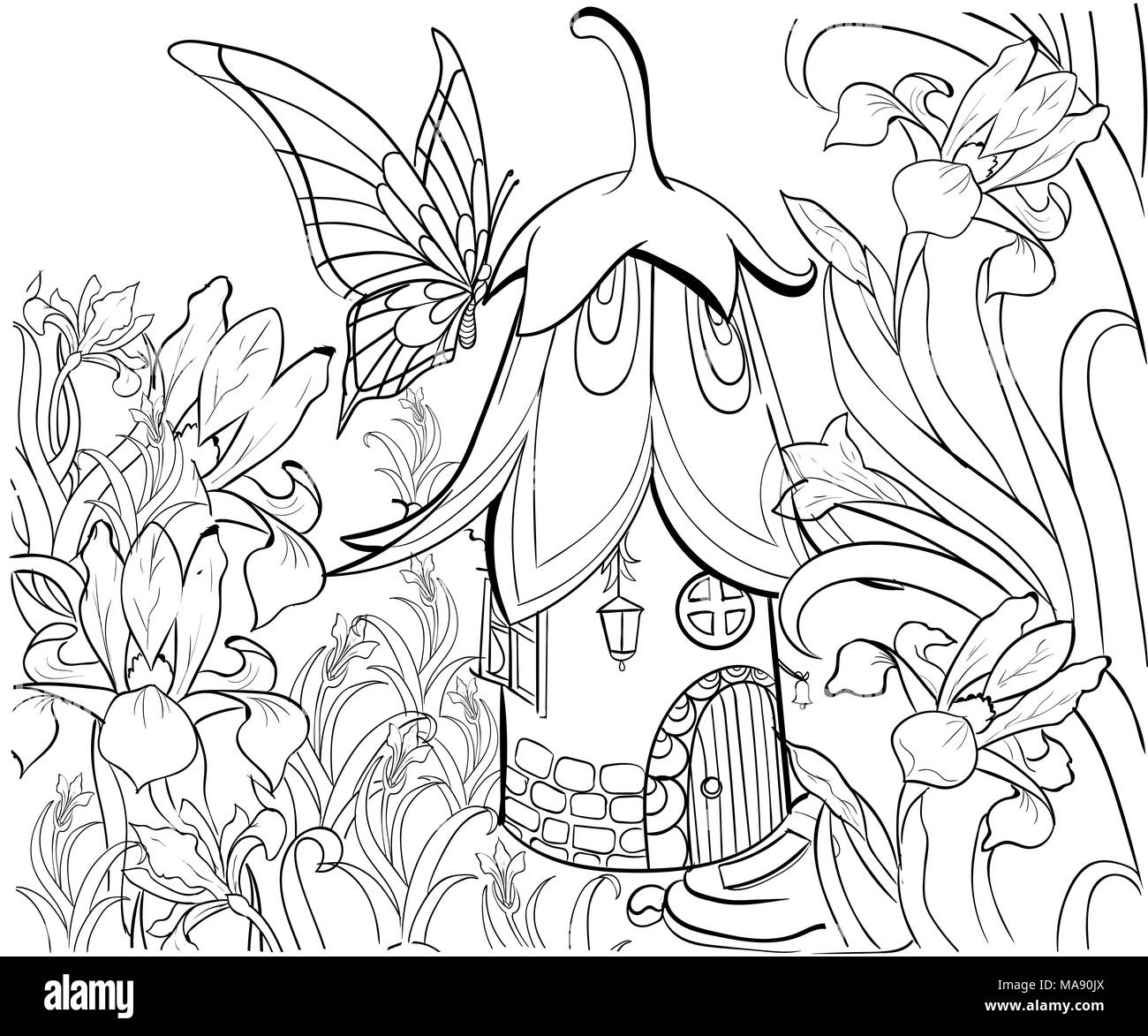 Fairy house for coloring book floral elements butterfly and flowers anti