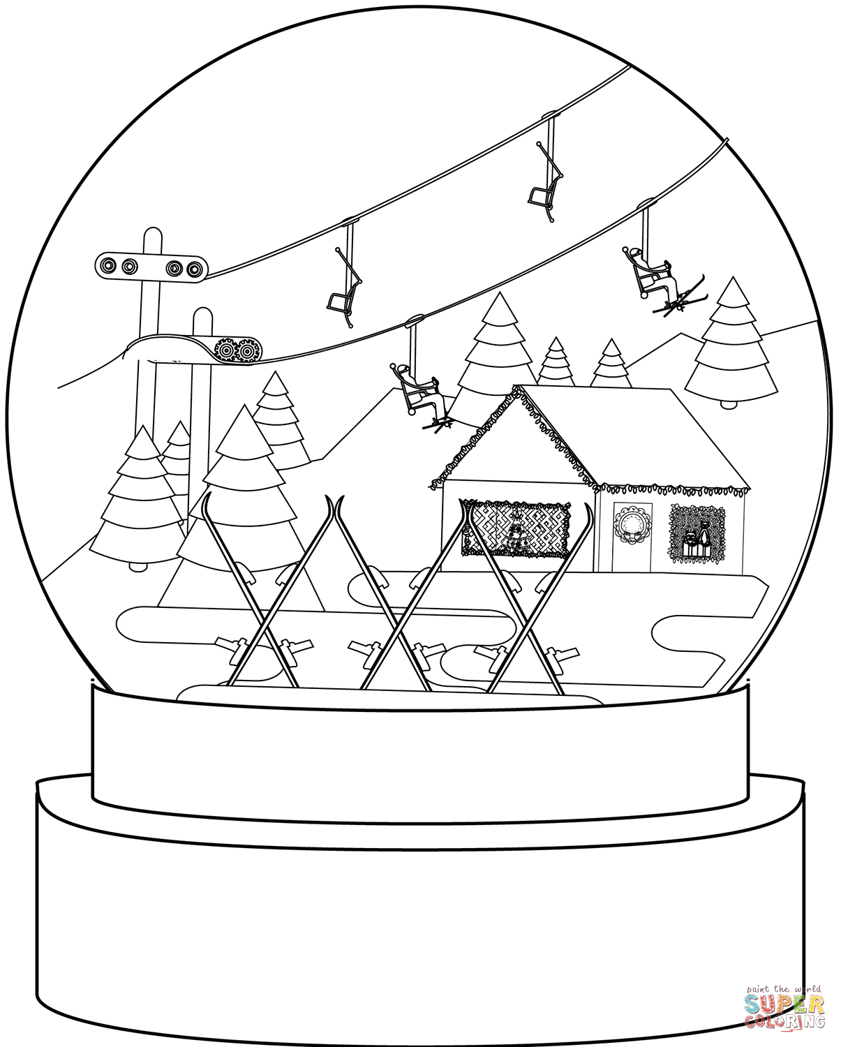 Snow globe with ski lift coloring page free printable coloring pages