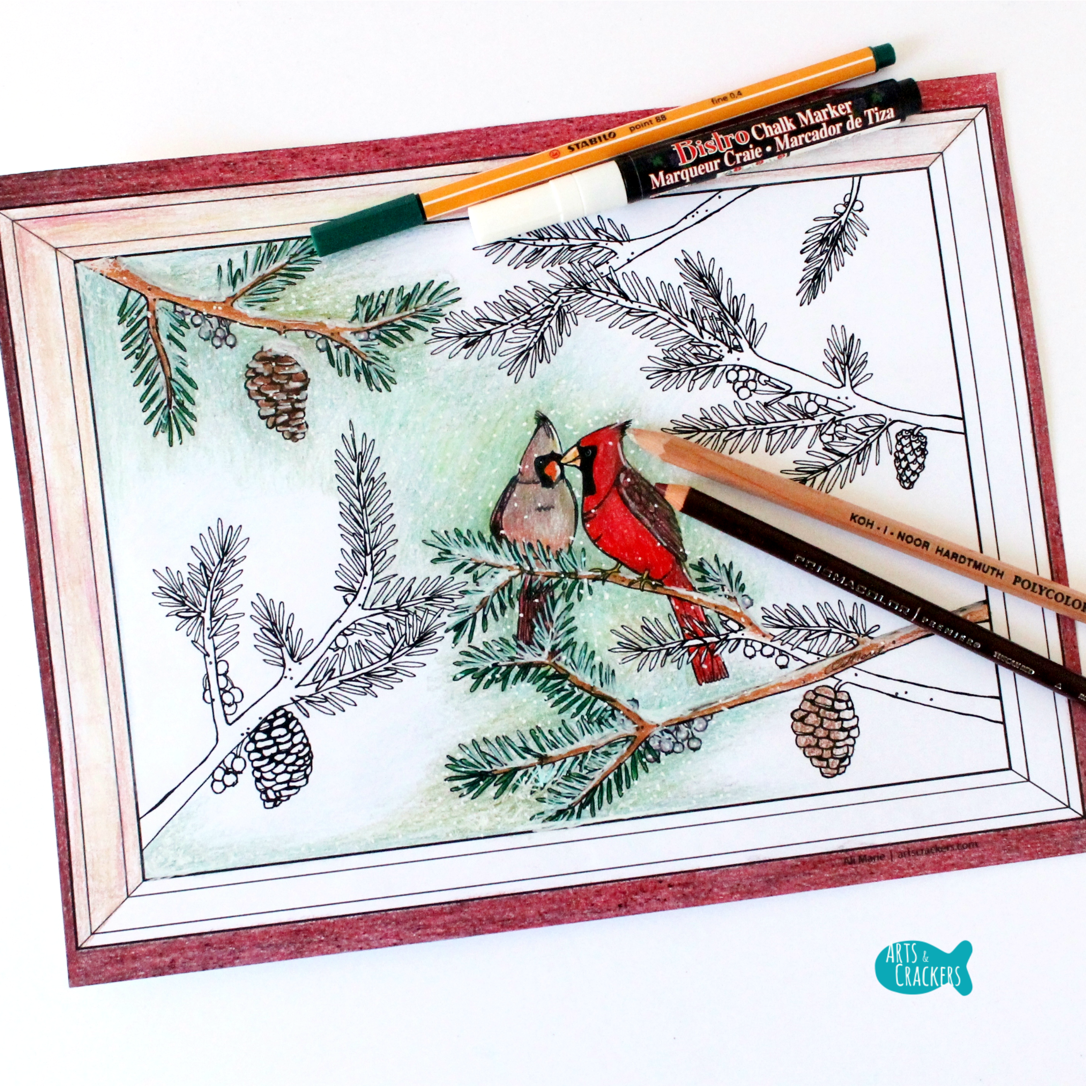 Winter cardinals christmas coloring page for adults