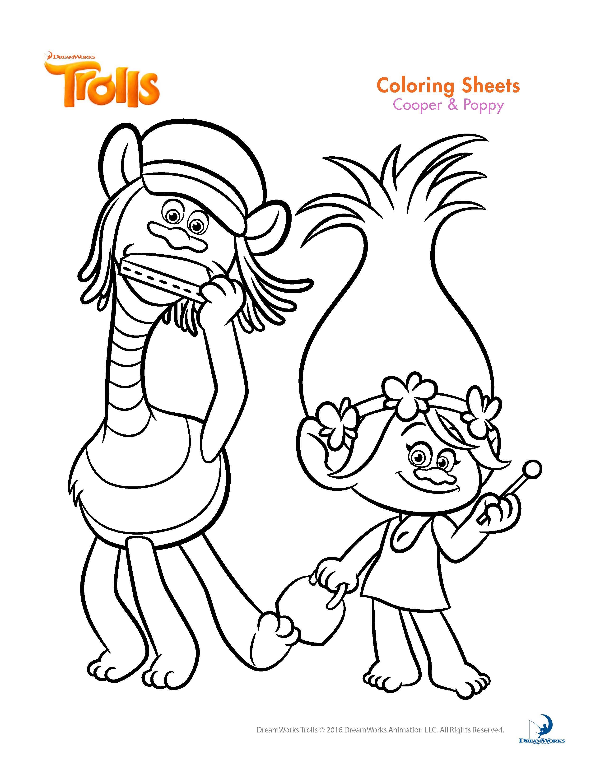 Trolls coloring sheets and printable activity sheets and a movie poppy coloring page disney coloring pages cartoon coloring pages
