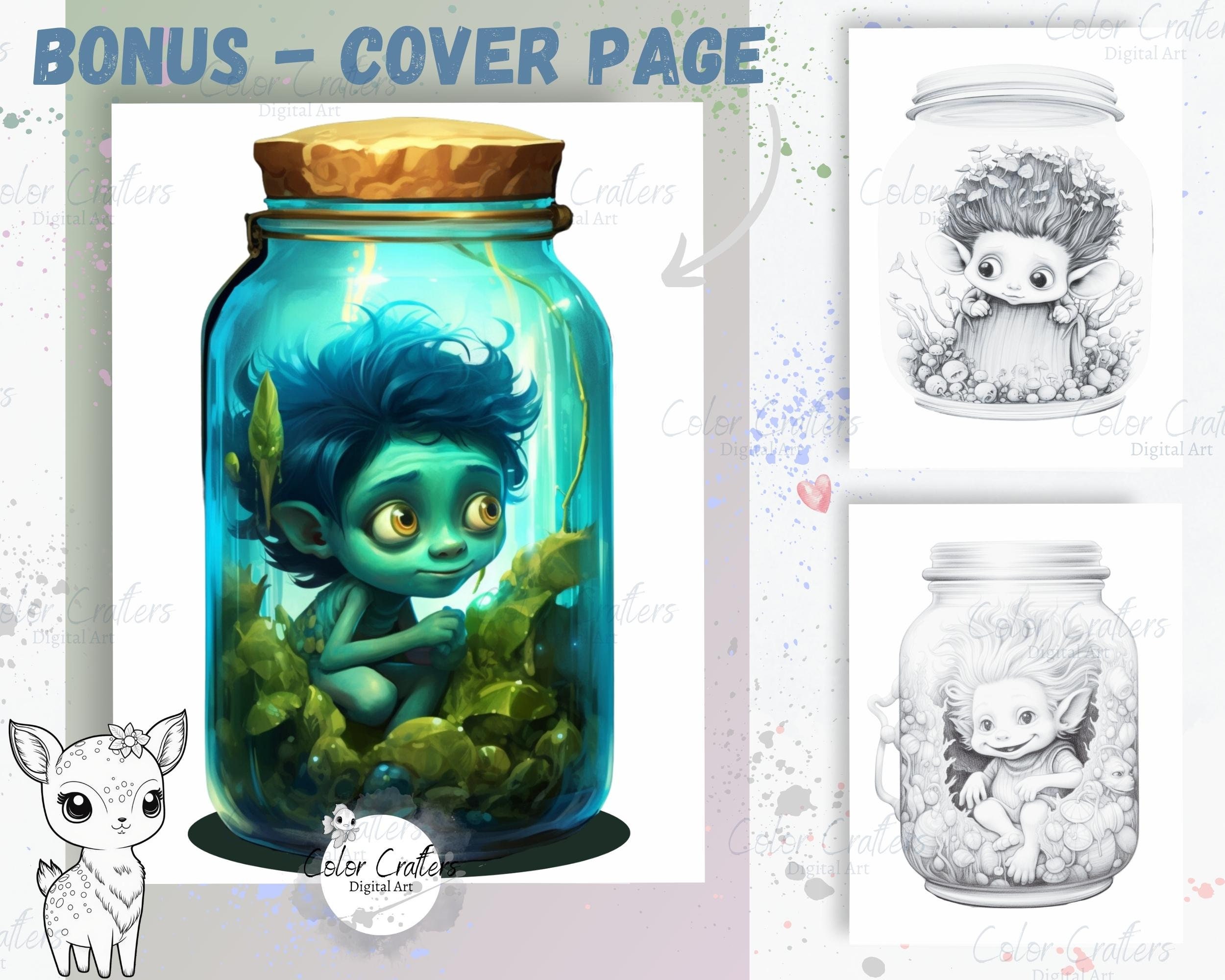 Adorable trolls in jar coloring pages for adults teens light grayscale fantasy coloring book digital download pages for procreate pdf