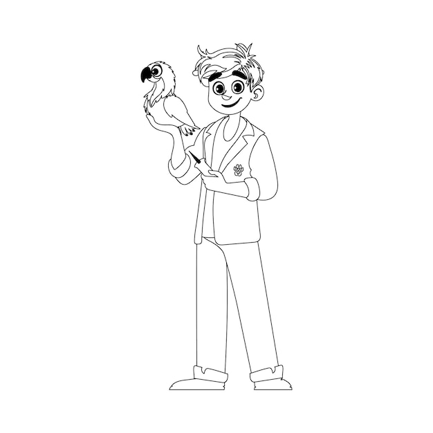 Premium vector there is a happy man who takes care of animals and he has a large bright parrot as his pet childrens coloring page