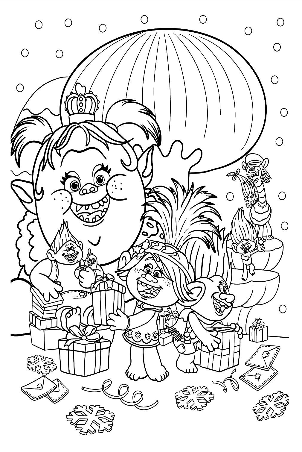 Trolls band together on christmas coloring page