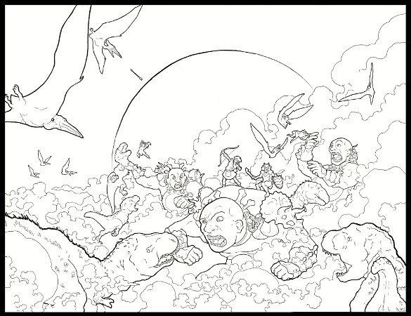 Dinosaurs versus trolls coloring page for adults