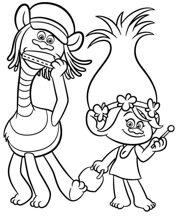 Poppy with cooper coloring page trolls