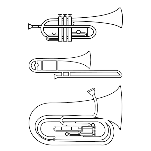 Premium vector set of musical wind instruments trumpet trombone tuba black contour isolated vector illustration