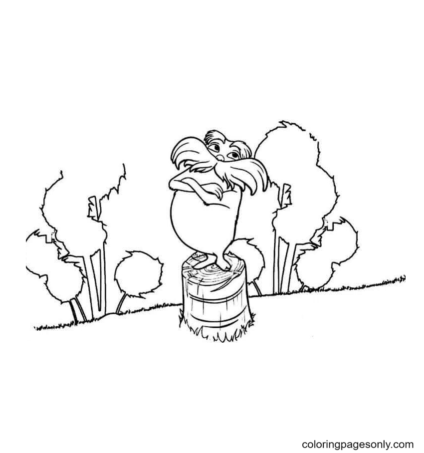 Dibujo de lorax parado sobre el tronco de un ãrbol para colorear