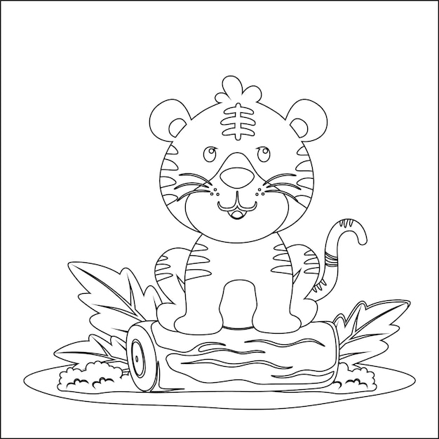 Ilustraciãn de un leãn feliz sentado en los troncos de un ãrbol vector premium
