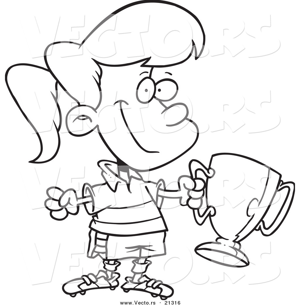 R of a cartoon soccer girl holding a trophy