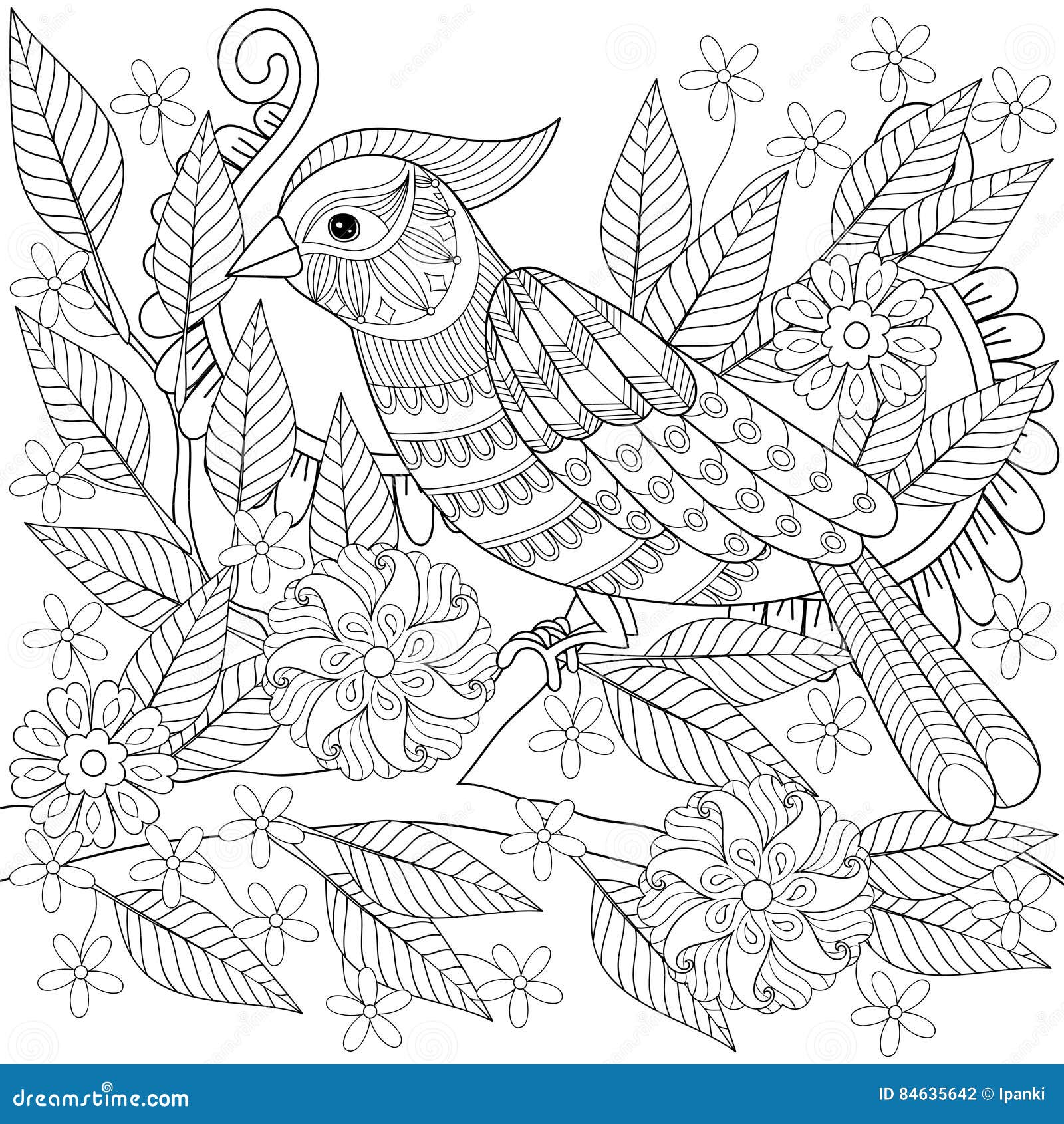 Hand drawn zentangle bird sitting on blooming tree branch for ad stock vector