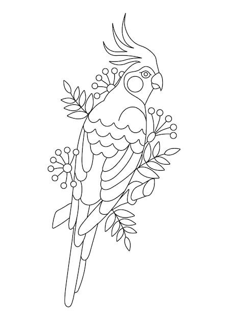 Premium vector coloring page with a bird a parrot sits on a branch with flowers and leaves tropical bird outline