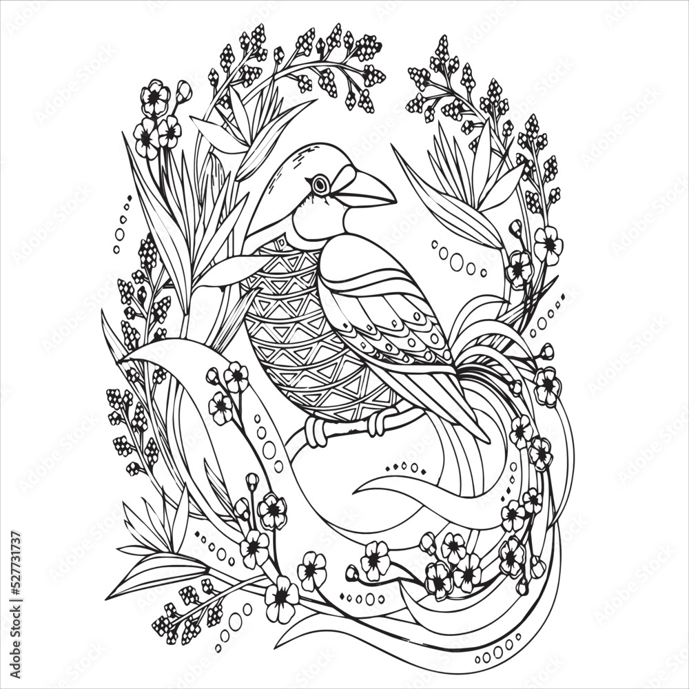 Tropical bird coloring page vector