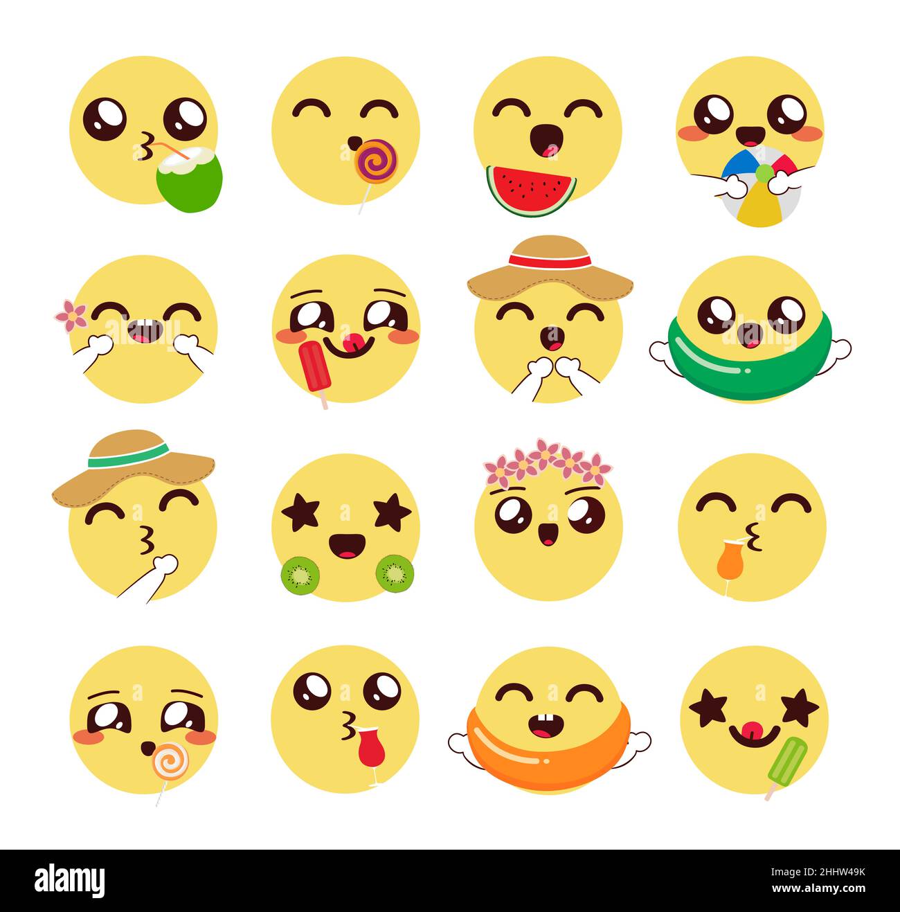 Emoji kawaii summer emoticon vector set chibi emojis in cute facial expression with summer desserts fruits and objects for tropical season emoticons stock vector image art