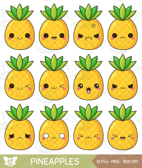 Kawaii pineapple clipart cute pineapples clip art faces expression fruit cartoon food tropical summer emoji digital graphic png download